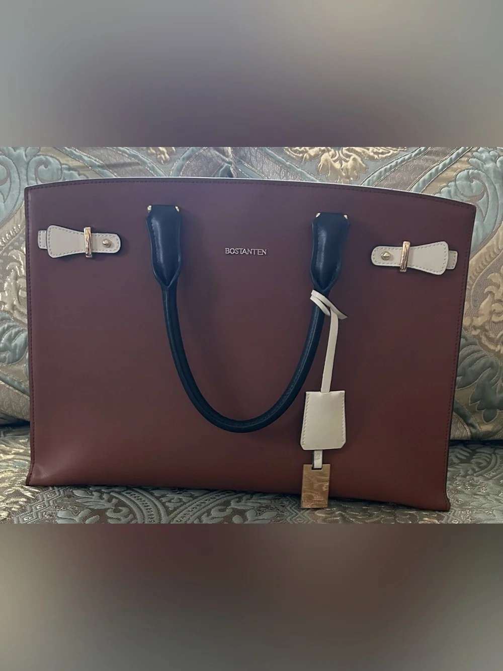 Bostanten Brown Leather Tote Bag with Black Handles without the shoulder strap